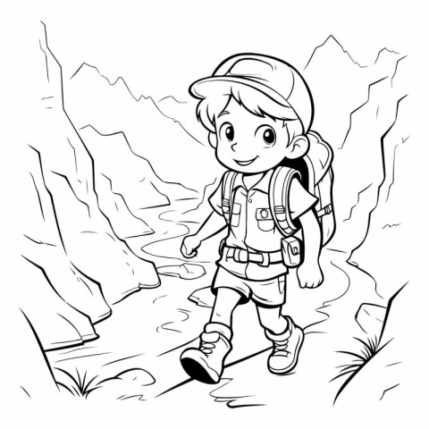 Boy hiking in the canyon - black and white vector illustration f