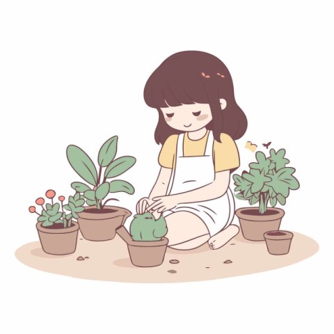 Cute little girl planting houseplants in cartoon style.