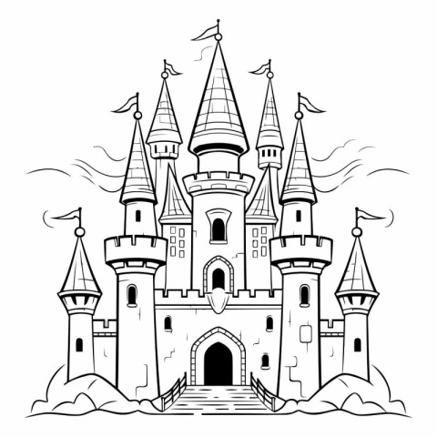 Fairytale castle. Black and white vector illustration for colori