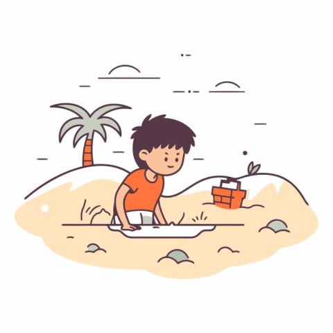 Vector illustration of a boy on the beach with a bucket of food