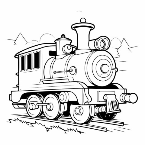 Steam locomotive on rails. Black and white vector illustration f