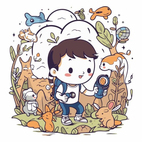 Illustration of a little boy hiking in the forest with his frien