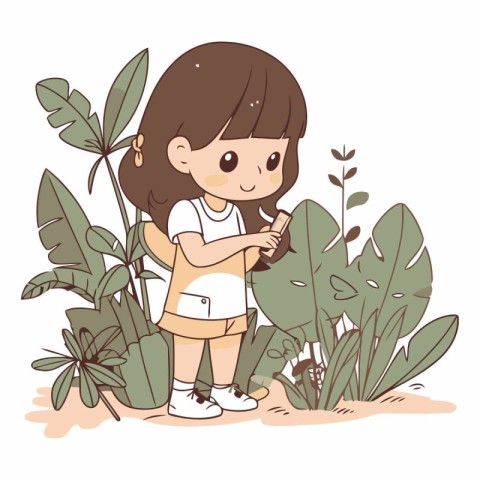 cute little girl using smartphone with tropical plants vector il