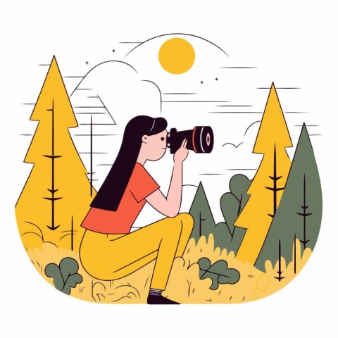 Girl with camera in nature in a flat style.