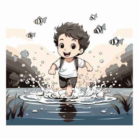 Boy playing in the puddle in cartoon style.