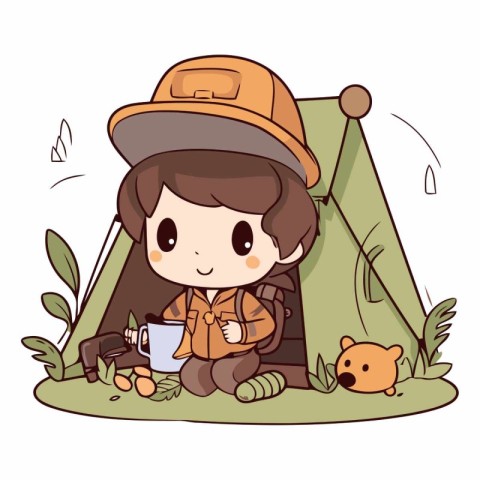 Illustration of a Kid Boy Wearing a Camping Gear and Drinking Te