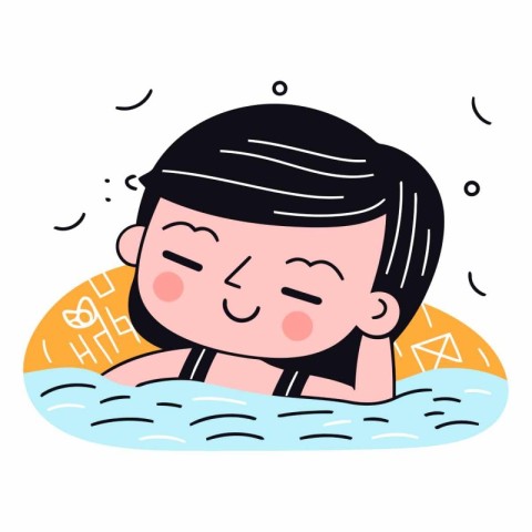 Cute little girl in swimming pool. Hand drawn vector illustratio