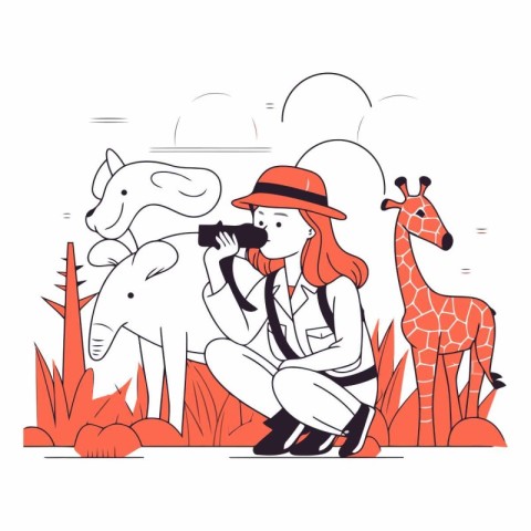 Vector illustration of a woman with a camera and a giraffe in th