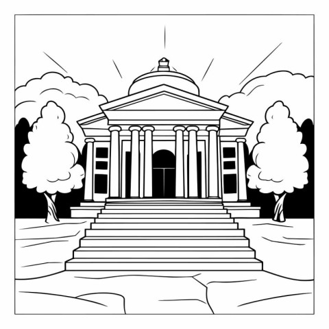 Illustration of a building with columns and trees on a white bac