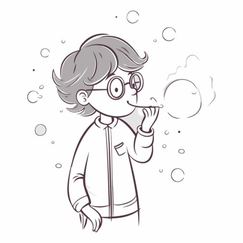 Illustration of a boy blowing soap bubbles on a white background