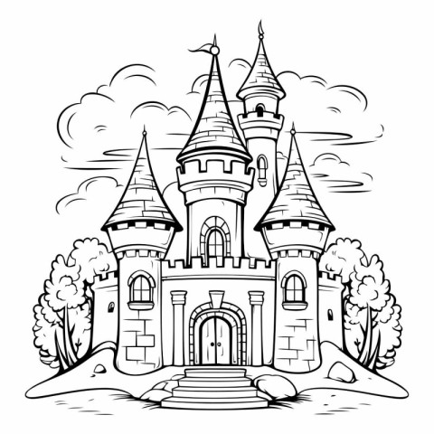 Fairytale castle in the forest for coloring book