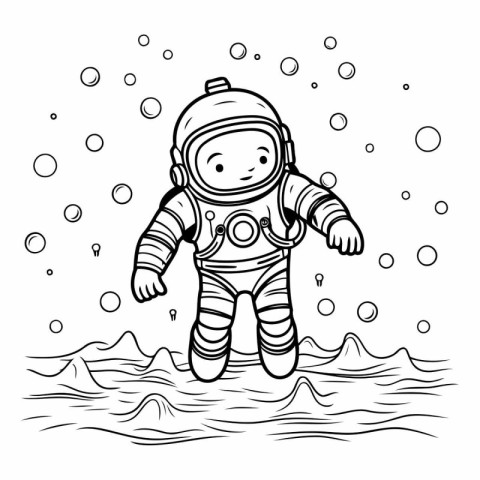 Astronaut in the water. black and white vector illustration.