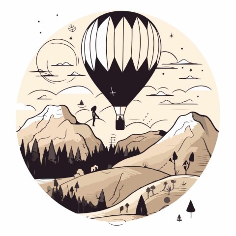 Hot air balloon flying over the mountains in vintage style.