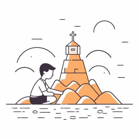 Vector illustration of a man sitting on a rock at the top of a m