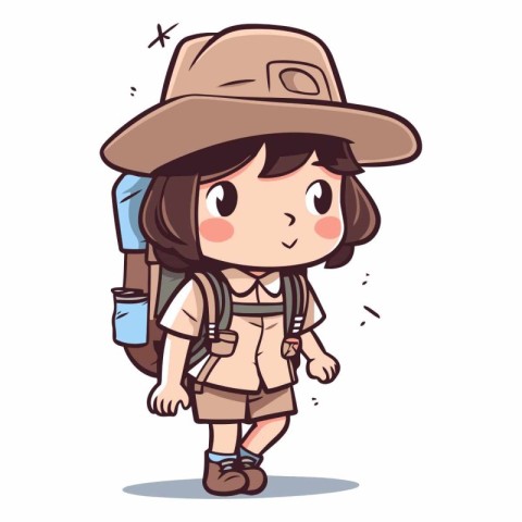 Tourist girl with backpack and hat in cartoon style.