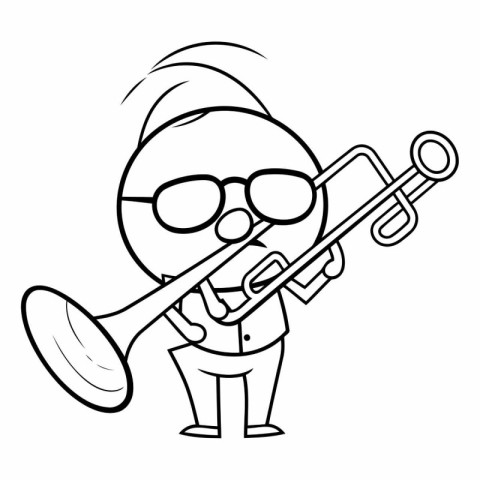 Cartoon Man playing trumpet - Black and White Illustration. Vect