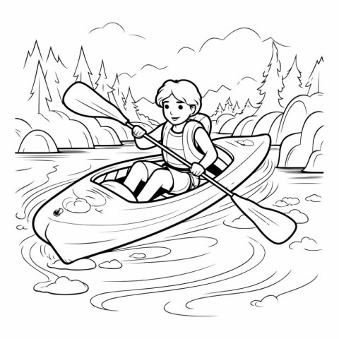 Coloring Page Outline Of a boy rowing a kayak