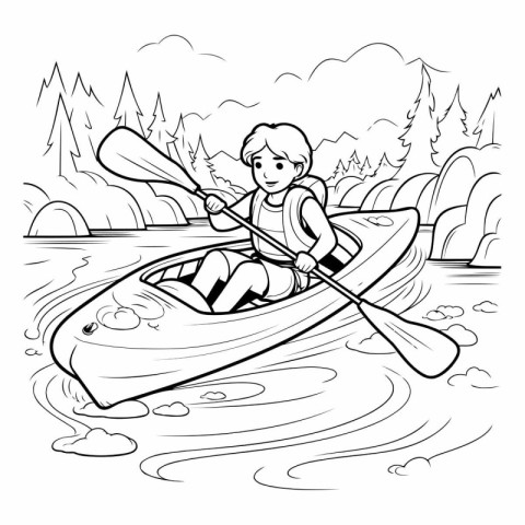 Coloring Page Outline Of a boy rowing a kayak