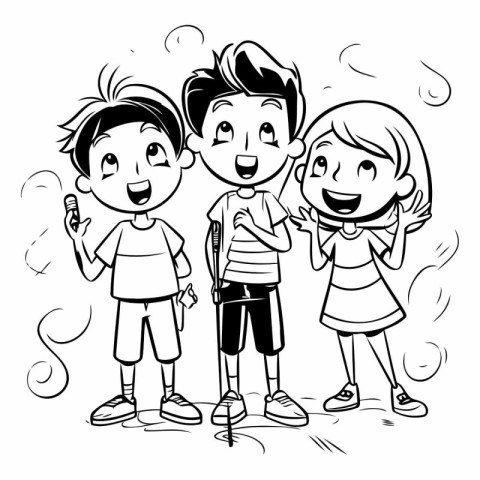 Black and White Cartoon Illustration of Happy Kids with Backpack