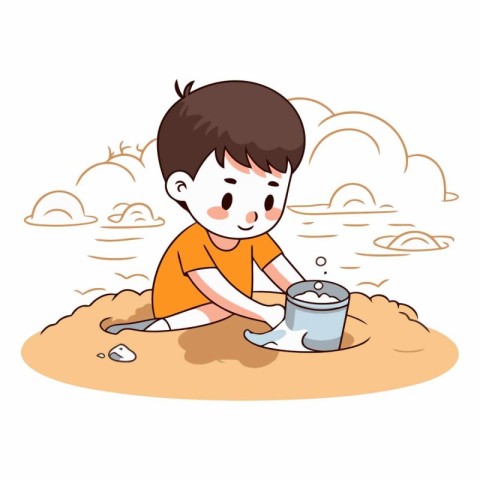 Boy playing with a bucket of water on the beach.