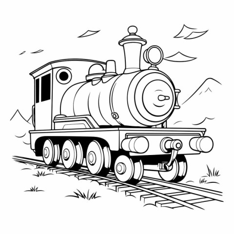 Steam locomotive on rails. Black and white vector illustration f