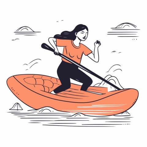 Woman rowing on a boat in sketch style.