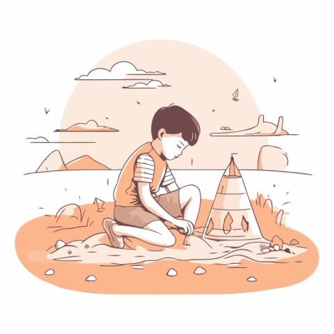 Boy sitting on the sand near the campfire.