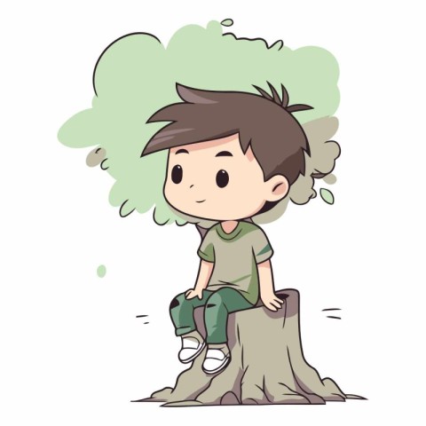 Boy sitting on a stump in a cartoon style.