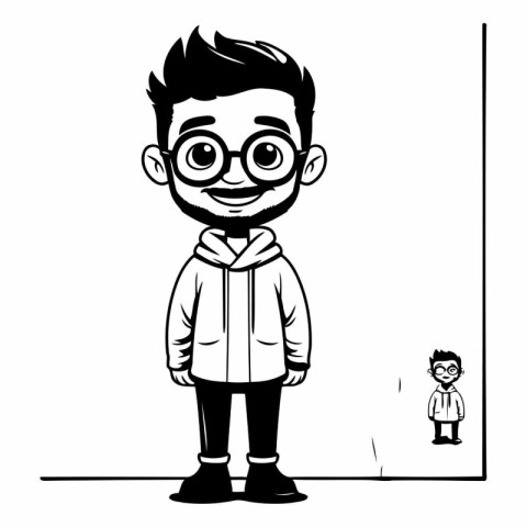 Black and white vector illustration of a boy in glasses standing