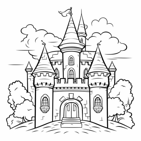 Castle in the forest. Black and white vector illustration for co