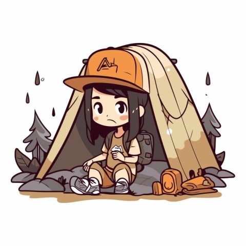 Cute little girl sitting in tent of a girl camping.