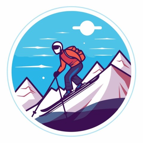 Ski resort round icon of a skier climbing a mountain.