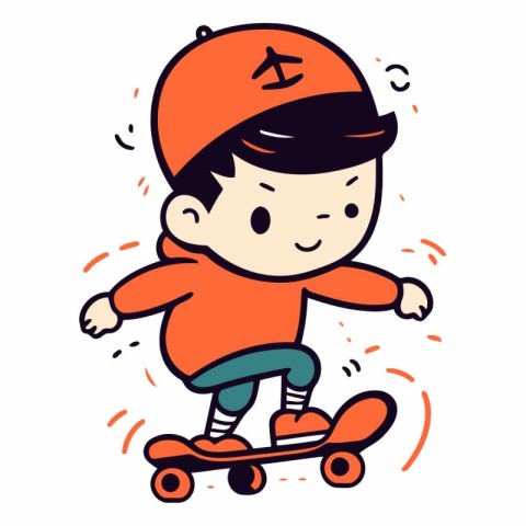 Cute boy riding a skateboard in cartoon style.