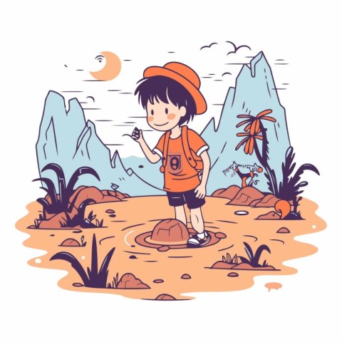 Boy hiking on the beach. Vector hand drawn illustration in carto