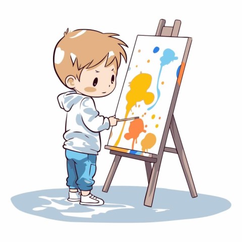 Cute little boy painting on easel. Vector cartoon illustration.