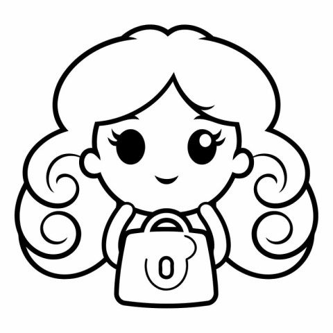 Black and White Cartoon Illustration of Cute Little Girl with a