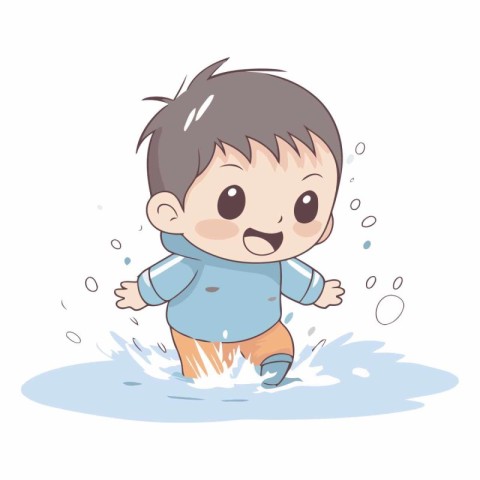 cute little boy running in the water cartoon vector illustration