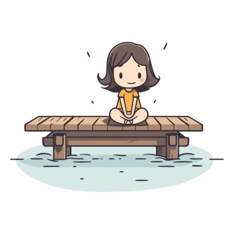 Girl sitting on a wooden bridge in cartoon style.