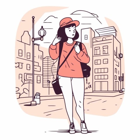 Vector illustration of a young woman walking on the street in th