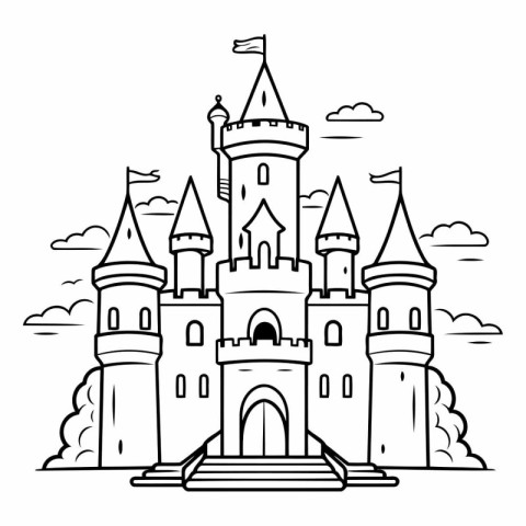 Fairytale castle. Black and white vector illustration for colori