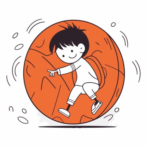 Illustration of a little boy playing with a ball on an orange ba