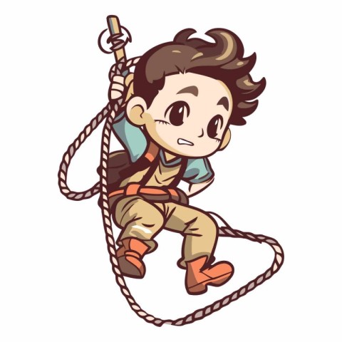 Illustration of a Little Boy Climbing a Rope on a White Backgrou