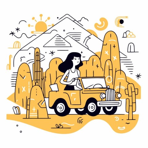 Vector illustration of a girl driving a car through the desert w