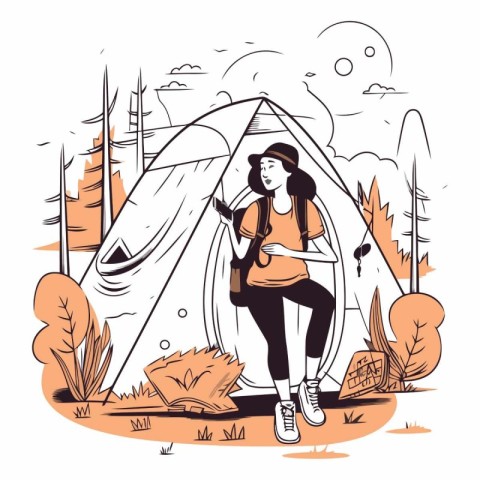 Vector illustration of a tourist girl sitting in a tent in the f