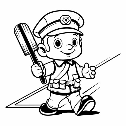 Cute Cartoon Police Officer with a Stick - Black and White Vecto