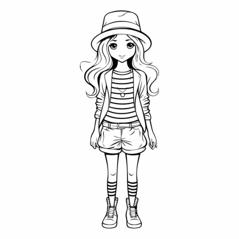 Fashion girl in hat and shorts in sketch style.