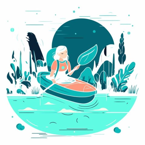 Vector illustration of a girl in a kayak on a lake.