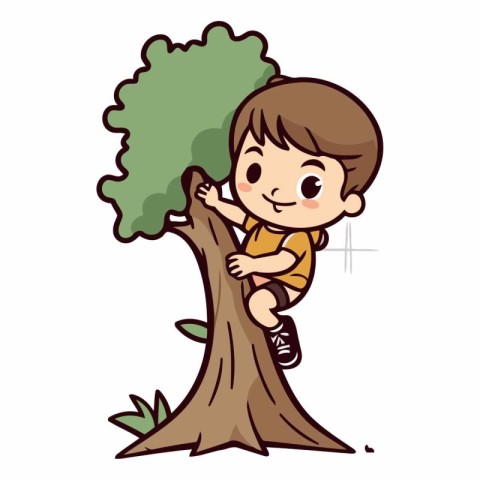 Cute little boy climbing a tree. Vector clip art illustration.