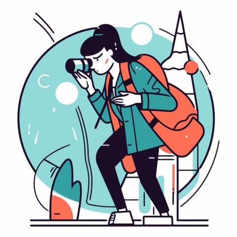 Tourist girl with camera in trendy linear style.