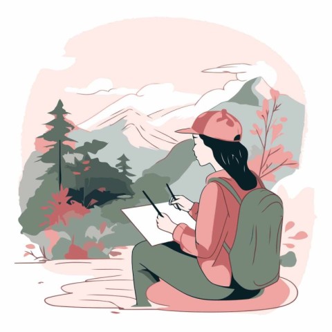 Vector illustration of a girl with a backpack and a notebook in